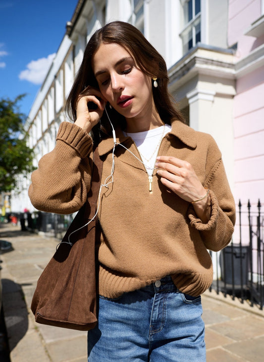 Women's Camel Quarter Zip Jumper – Collared Relaxed Knit