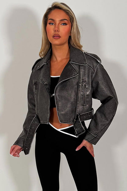 Women's Grey Faux Leather Jacket – Belted Cropped Lapel Jacket