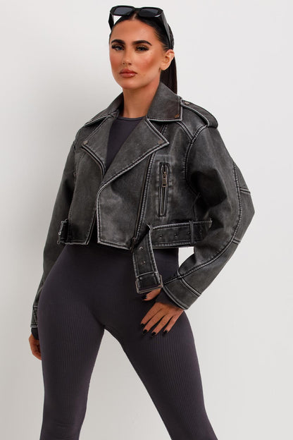 Women's Grey Faux Leather Jacket – Belted Cropped Lapel Jacket