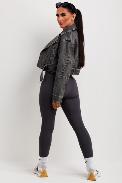 Women's Grey Faux Leather Jacket – Belted Cropped Lapel Jacket