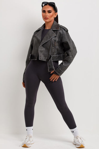 Women's Grey Faux Leather Jacket – Belted Cropped Lapel Jacket
