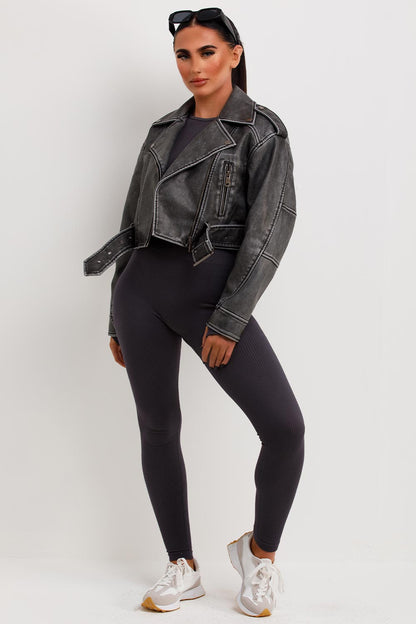 Women's Grey Faux Leather Jacket – Belted Cropped Lapel Jacket