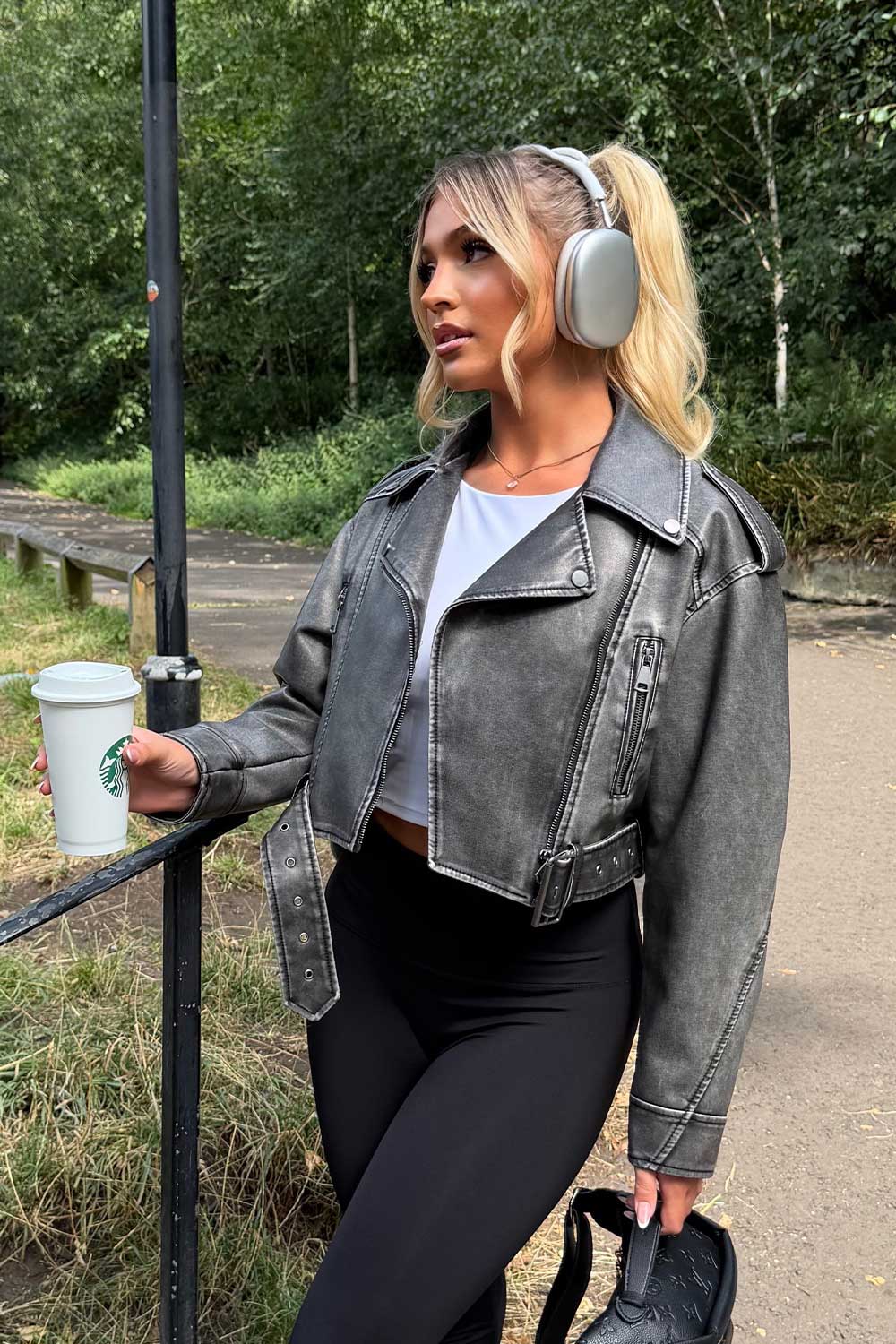 Women's Grey Faux Leather Jacket – Belted Cropped Lapel Jacket