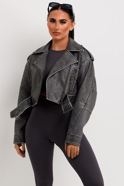 Women's Grey Faux Leather Jacket – Belted Cropped Lapel Jacket