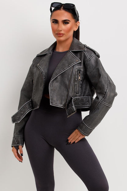 Women's Grey Faux Leather Jacket – Belted Cropped Lapel Jacket