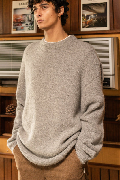 Men's Grey Oversized Crew Neck Jumper – Brushed Knit Sweater