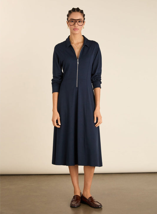 Women's Navy Ponte Midi Dress – Collared Fit and Flare Shirt Dress