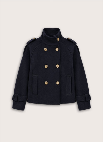 Women's Navy Short Coat – Hip-Length Button Front Melton Coat