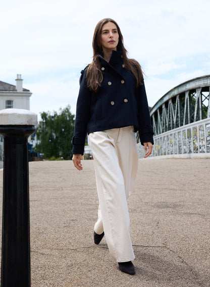 Women's Navy Short Coat – Hip-Length Button Front Melton Coat