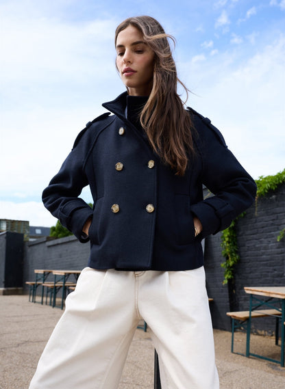 Women's Navy Short Coat – Hip-Length Button Front Melton Coat