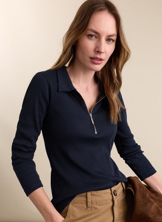 Women's Navy Ribbed Zip Collar Top – Slim Fit Half-Zip Top