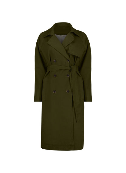 Women's Olive Double-Breasted Trench Coat – Relaxed Twill Trench