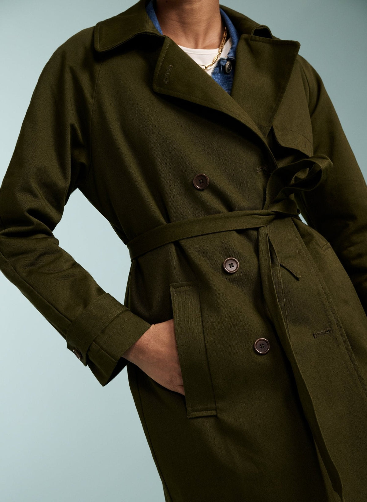 Women's Olive Double-Breasted Trench Coat – Relaxed Twill Trench
