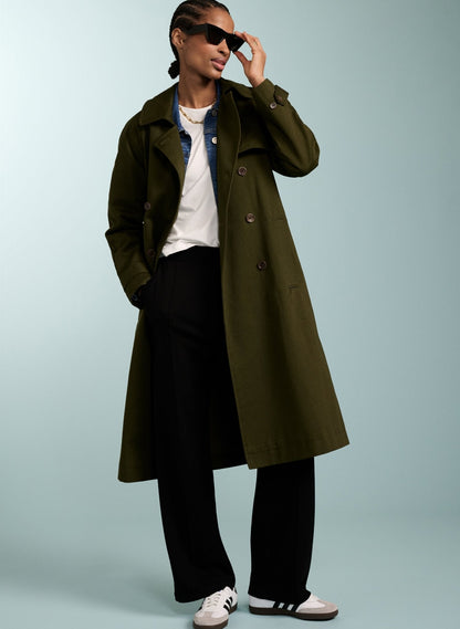 Women's Olive Double-Breasted Trench Coat – Relaxed Twill Trench