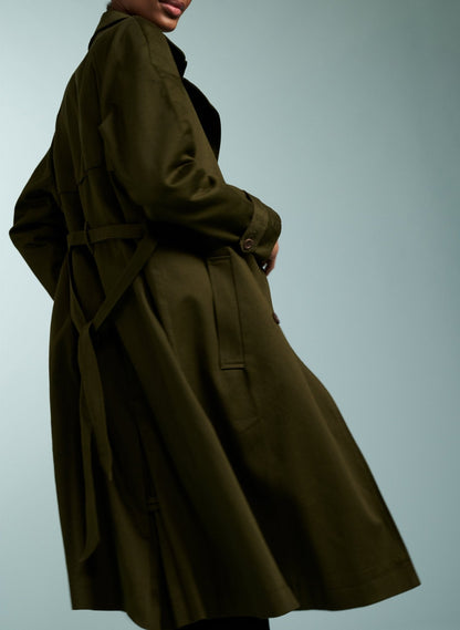 Women's Olive Double-Breasted Trench Coat – Relaxed Twill Trench