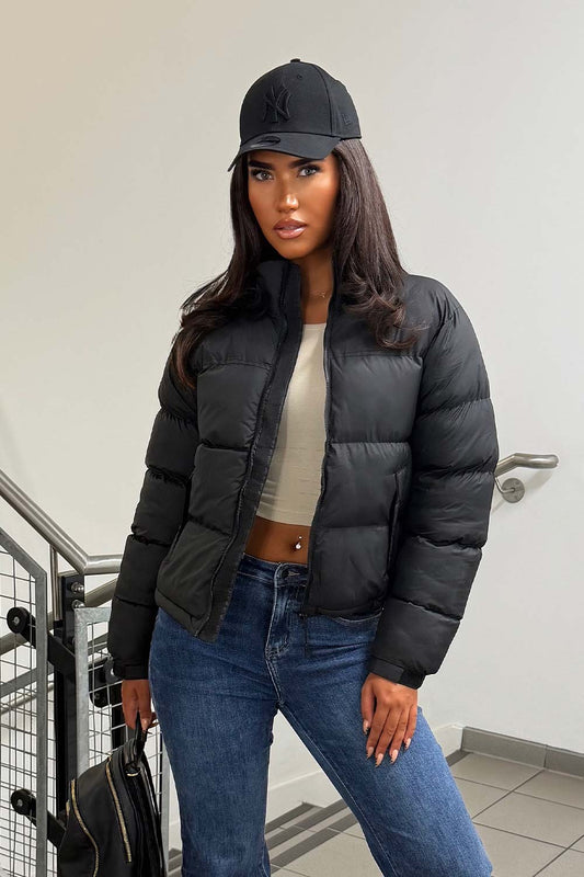 Women's Black Puffer Jacket – Quilted Padded Jacket with Concealed Hood
