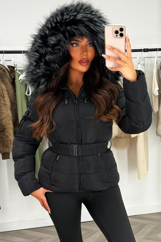 Women's Black Belted Puffer Coat – Quilted, Detachable Faux Fur Hood