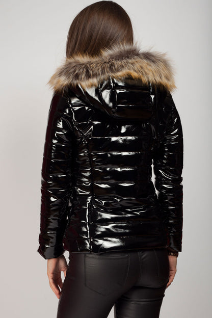 Women's Wet Look Puffer Coat – Shiny Padded Coat, Detachable Faux Fur Hood, 4 Colours