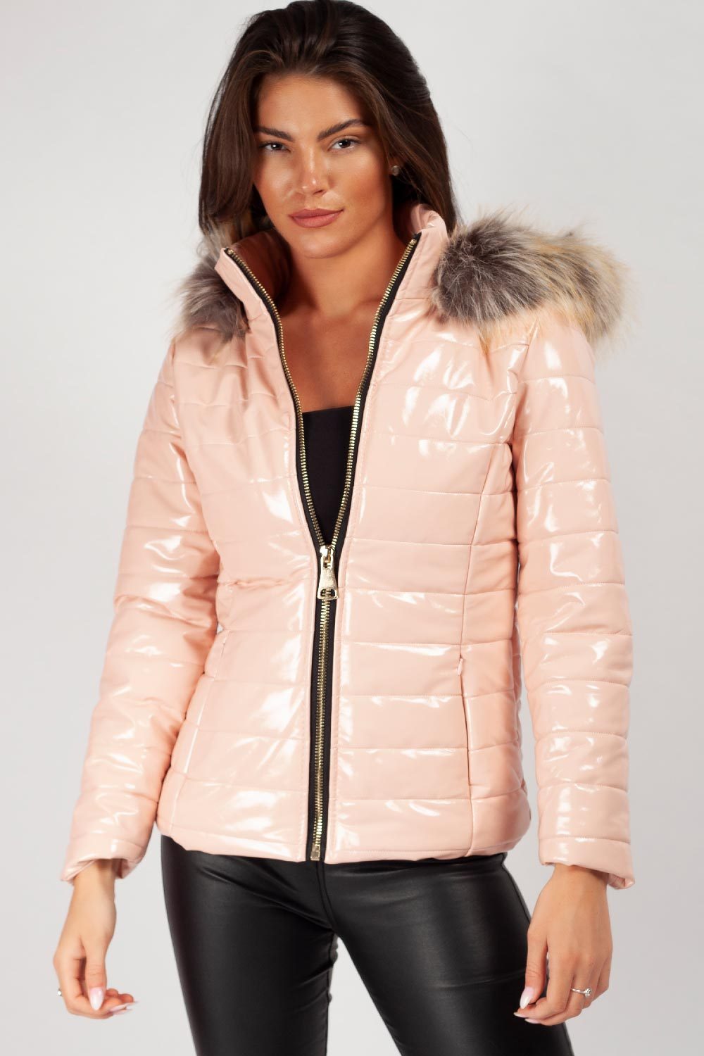 Women's Wet Look Puffer Coat – Shiny Padded Coat, Detachable Faux Fur Hood, 4 Colours