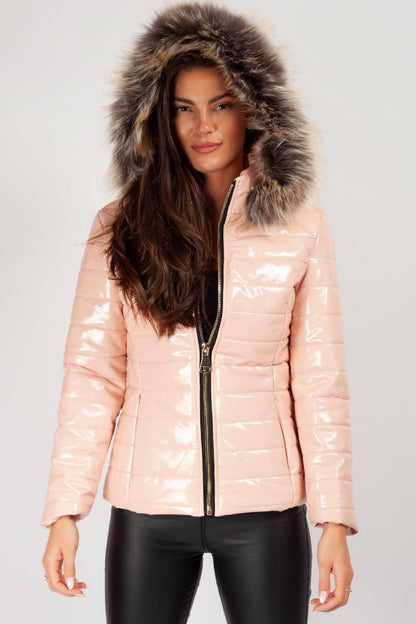 Women's Wet Look Puffer Coat – Shiny Padded Coat, Detachable Faux Fur Hood, 4 Colours