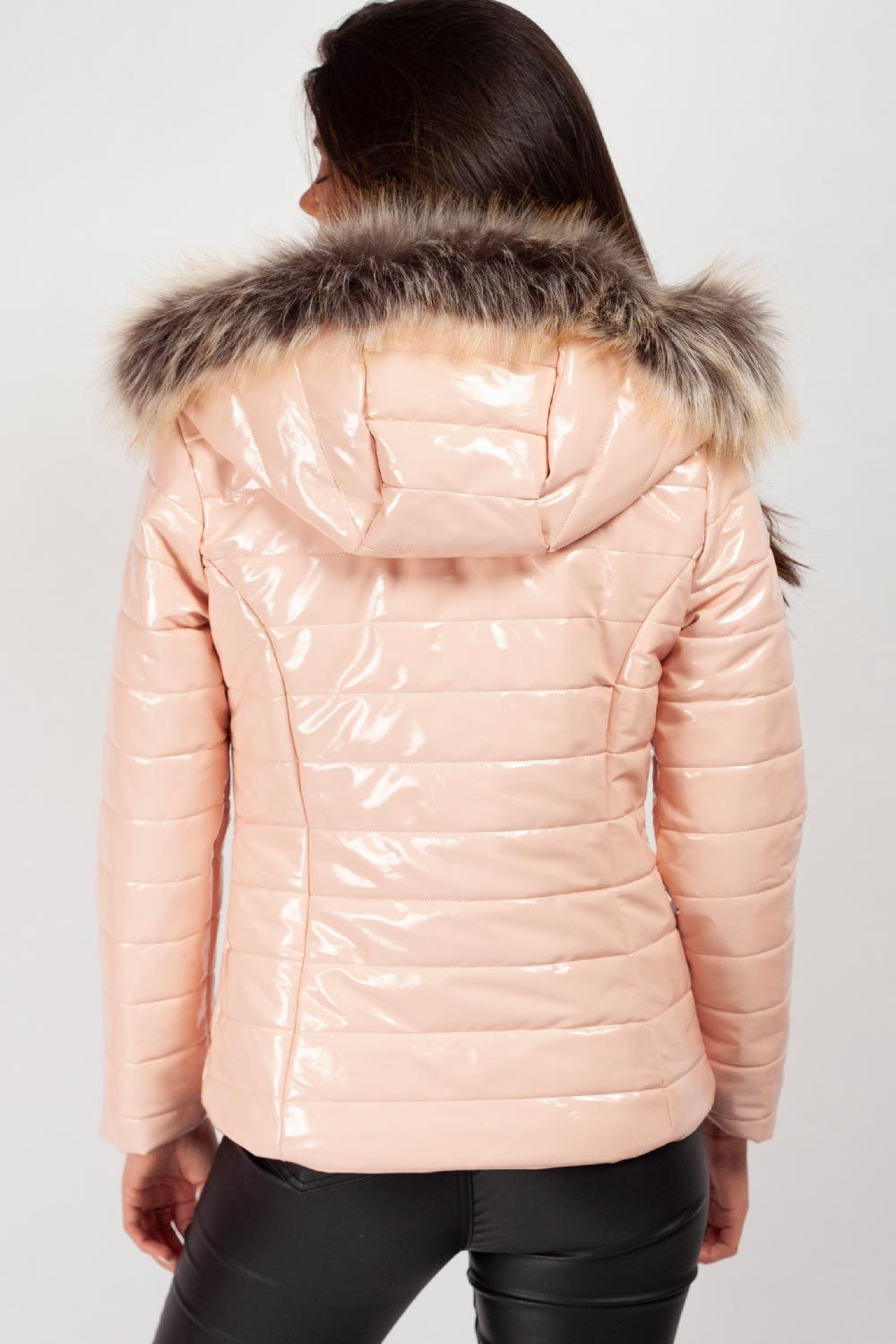 Women's Wet Look Puffer Coat – Shiny Padded Coat, Detachable Faux Fur Hood, 4 Colours