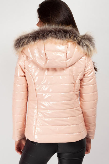 Women's Wet Look Puffer Coat – Shiny Padded Coat, Detachable Faux Fur Hood, 4 Colours