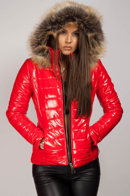 Women's Wet Look Puffer Coat – Shiny Padded Coat, Detachable Faux Fur Hood, 4 Colours
