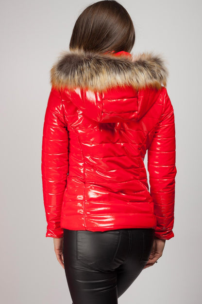 Women's Wet Look Puffer Coat – Shiny Padded Coat, Detachable Faux Fur Hood, 4 Colours