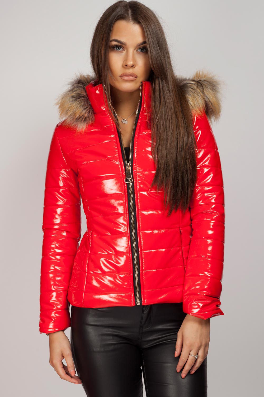 Women's Wet Look Puffer Coat – Shiny Padded Coat, Detachable Faux Fur Hood, 4 Colours