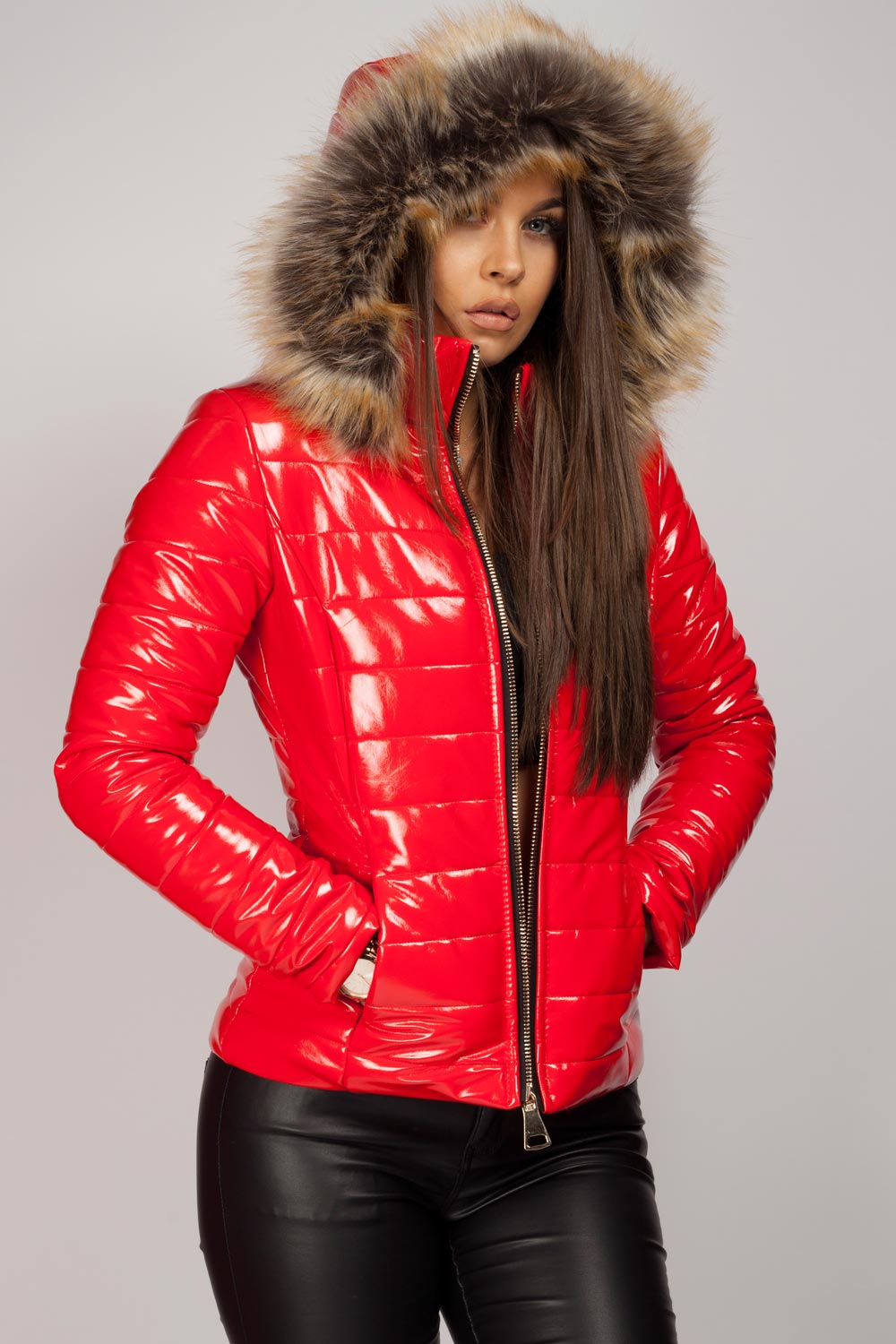 Women's Wet Look Puffer Coat – Shiny Padded Coat, Detachable Faux Fur Hood, 4 Colours