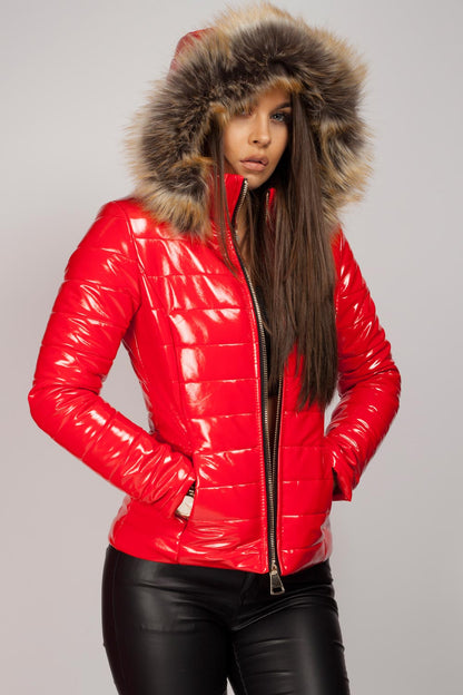 Women's Wet Look Puffer Coat – Shiny Padded Coat, Detachable Faux Fur Hood, 4 Colours