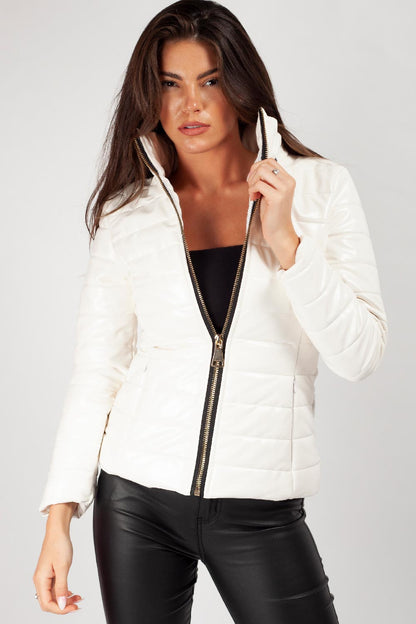 Women's Wet Look Puffer Coat – Shiny Padded Coat, Detachable Faux Fur Hood, 4 Colours