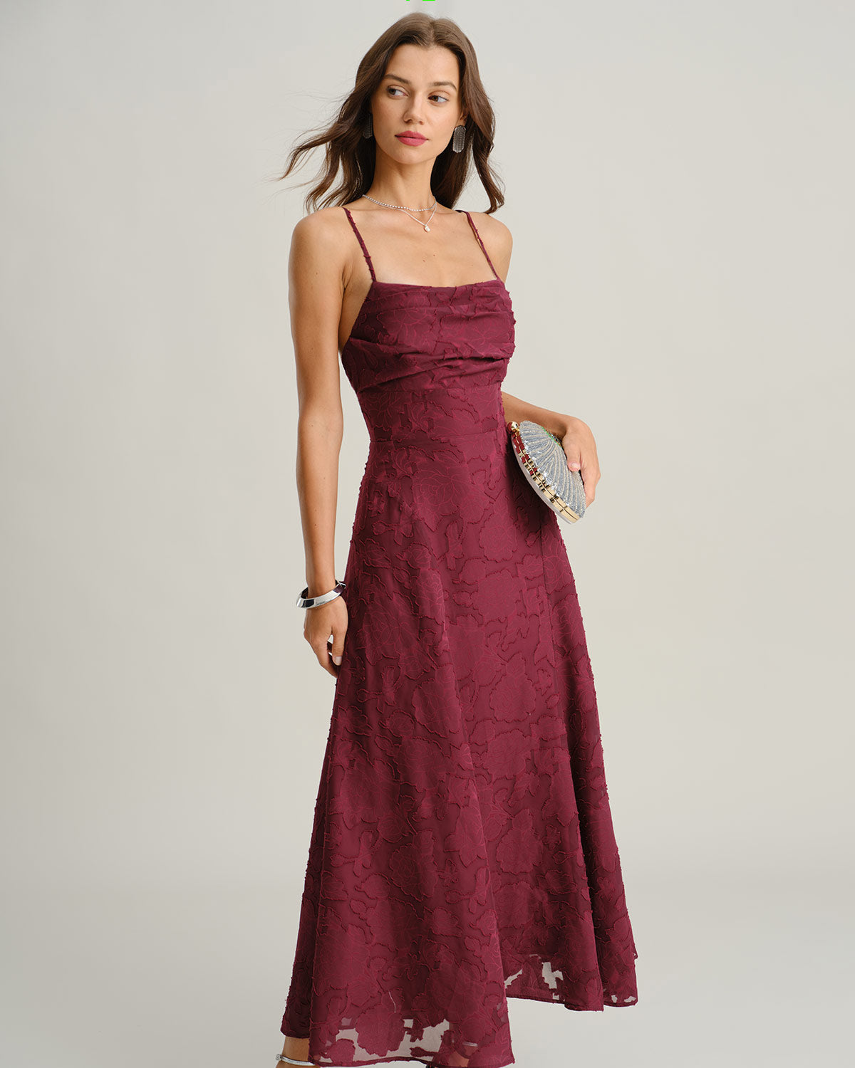 Women's Sage Green Jacquard Slip Maxi Dress – Cross Back Strap