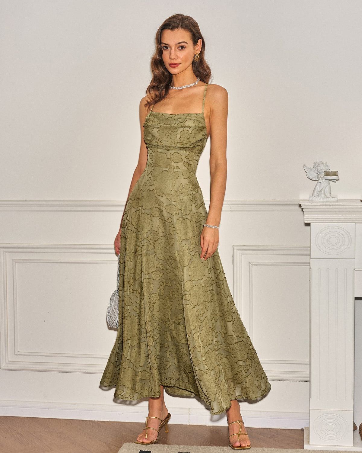 Women's Sage Green Jacquard Slip Maxi Dress – Cross Back Strap