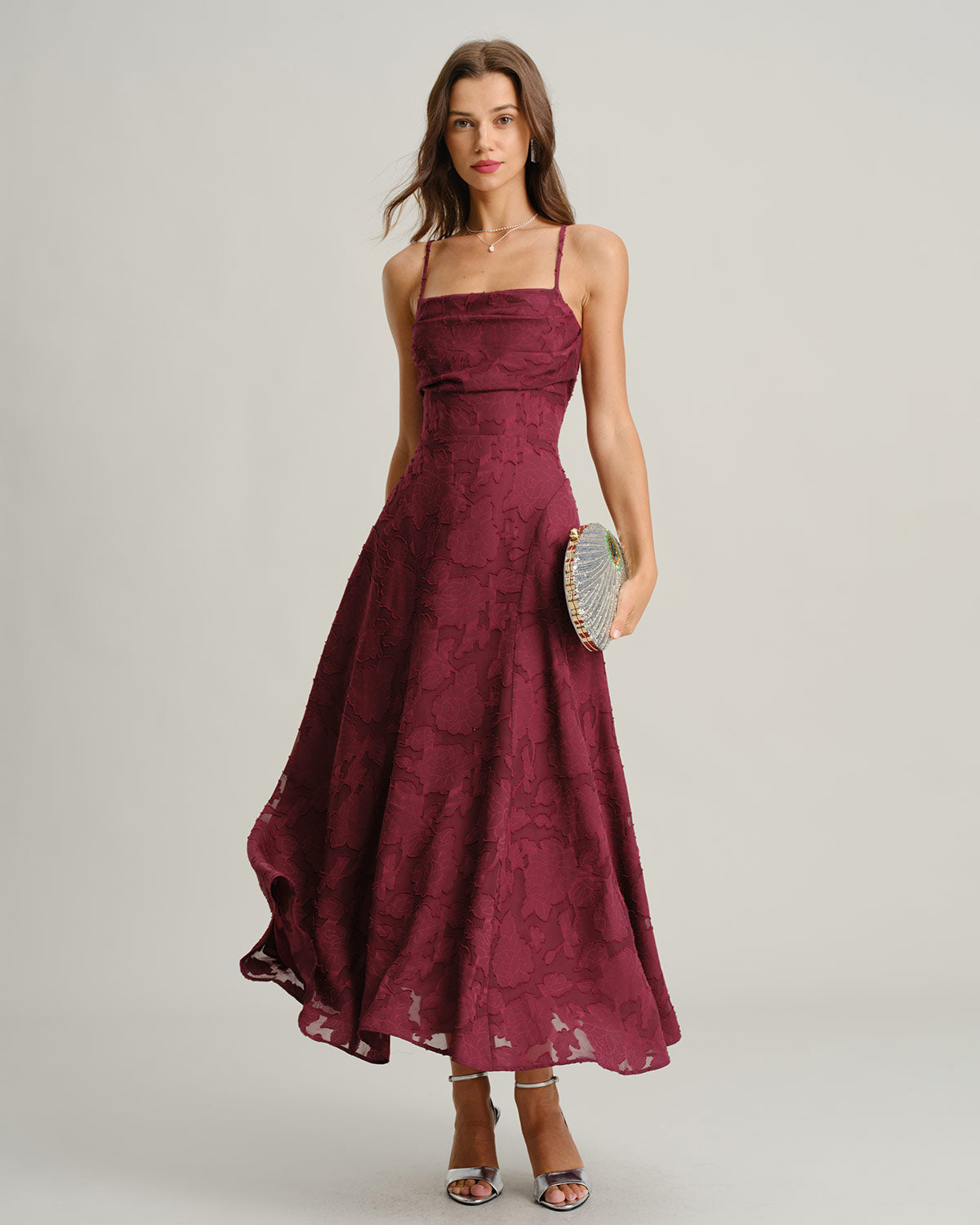 Women's Sage Green Jacquard Slip Maxi Dress – Cross Back Strap