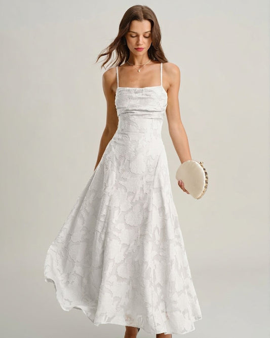 Women's White Jacquard Slip Maxi Dress – Cross Back Strap