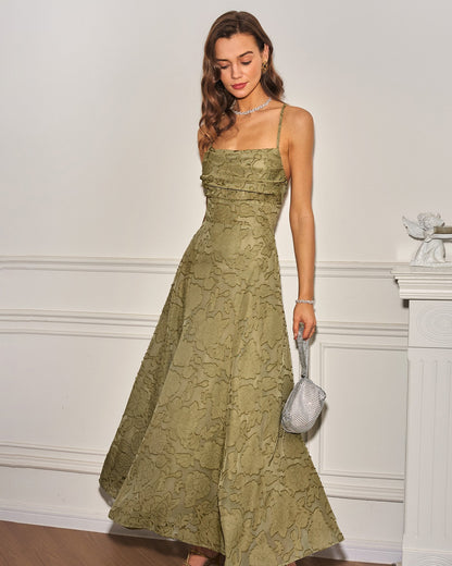 Women's Sage Green Jacquard Slip Maxi Dress – Cross Back Strap