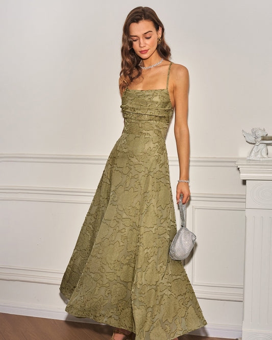 Women's Sage Green Jacquard Slip Maxi Dress – Cross Back Strap