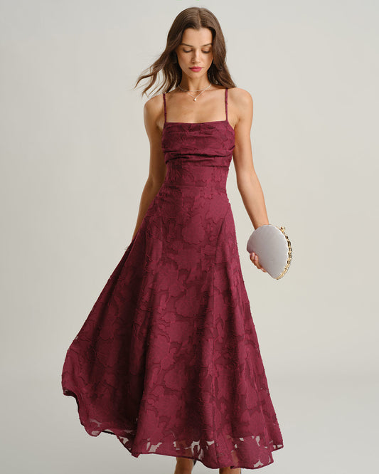 Women's Wine Red Jacquard Slip Maxi Dress – Elegant Evening Dress